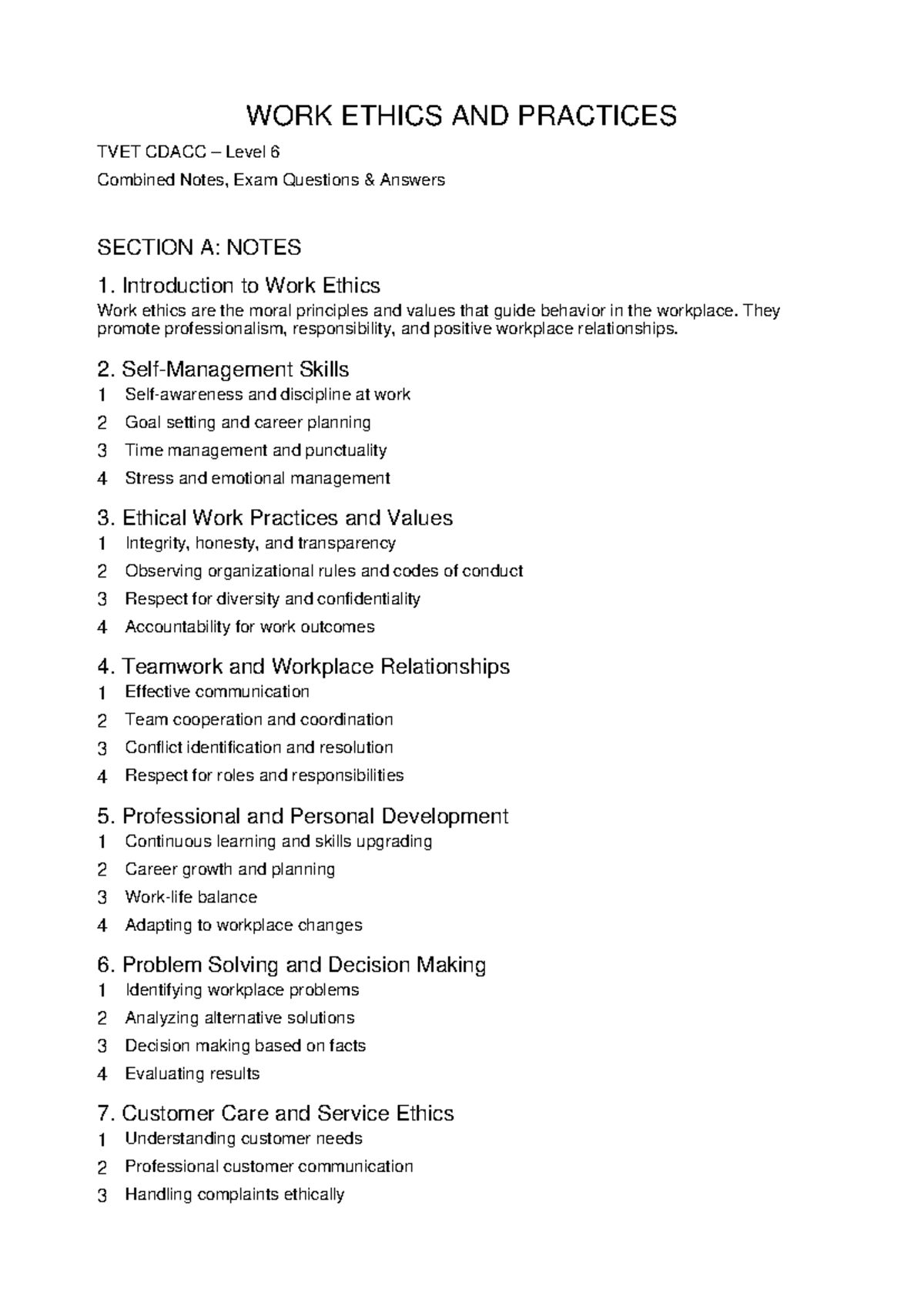 Work Ethics & Practices TVET CDACC Level 6 Notes & Exam Q&A - Studocu