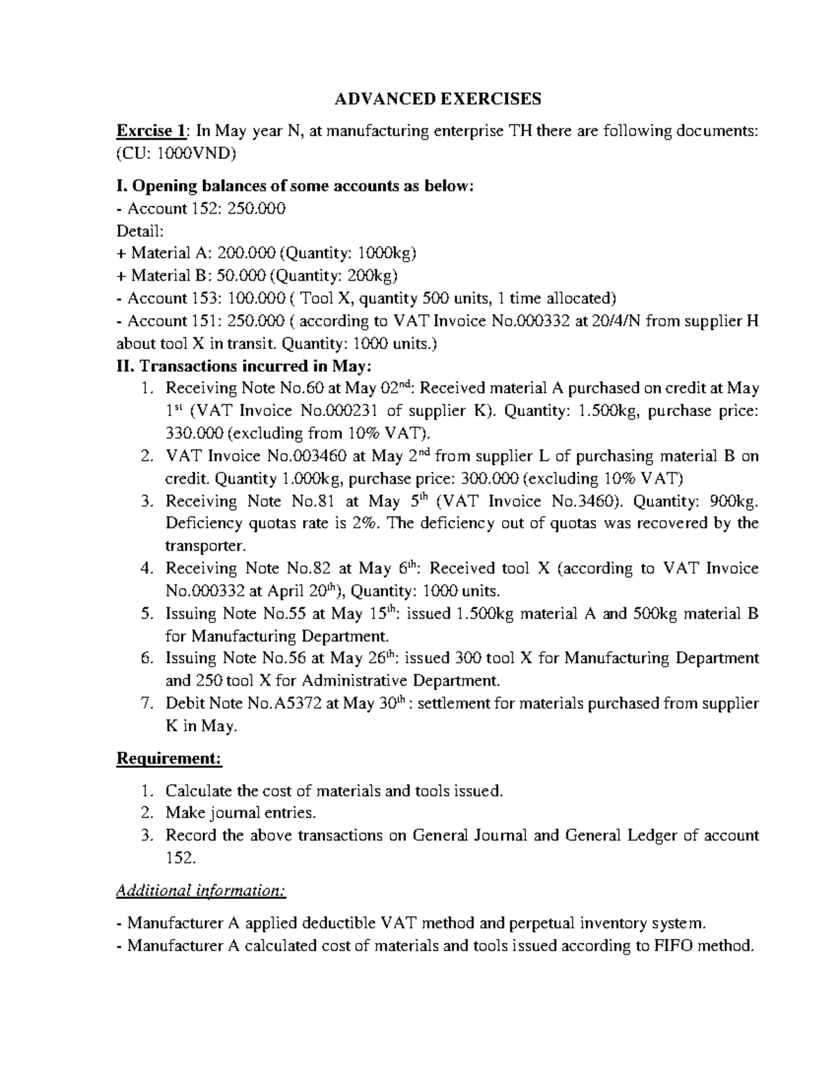 Advanced Exercises on Accounting Transactions and Journal Entries (ACCT ...