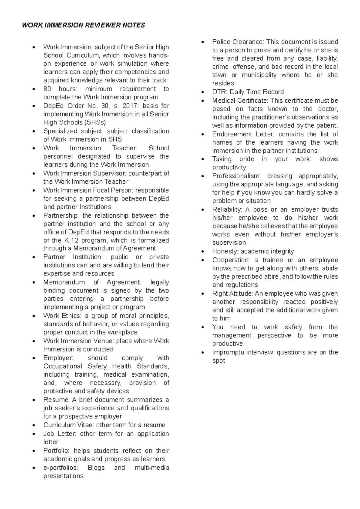 WI-Reviewer-Notes - Work immersion notes - WORK IMMERSION REVIEWER ...