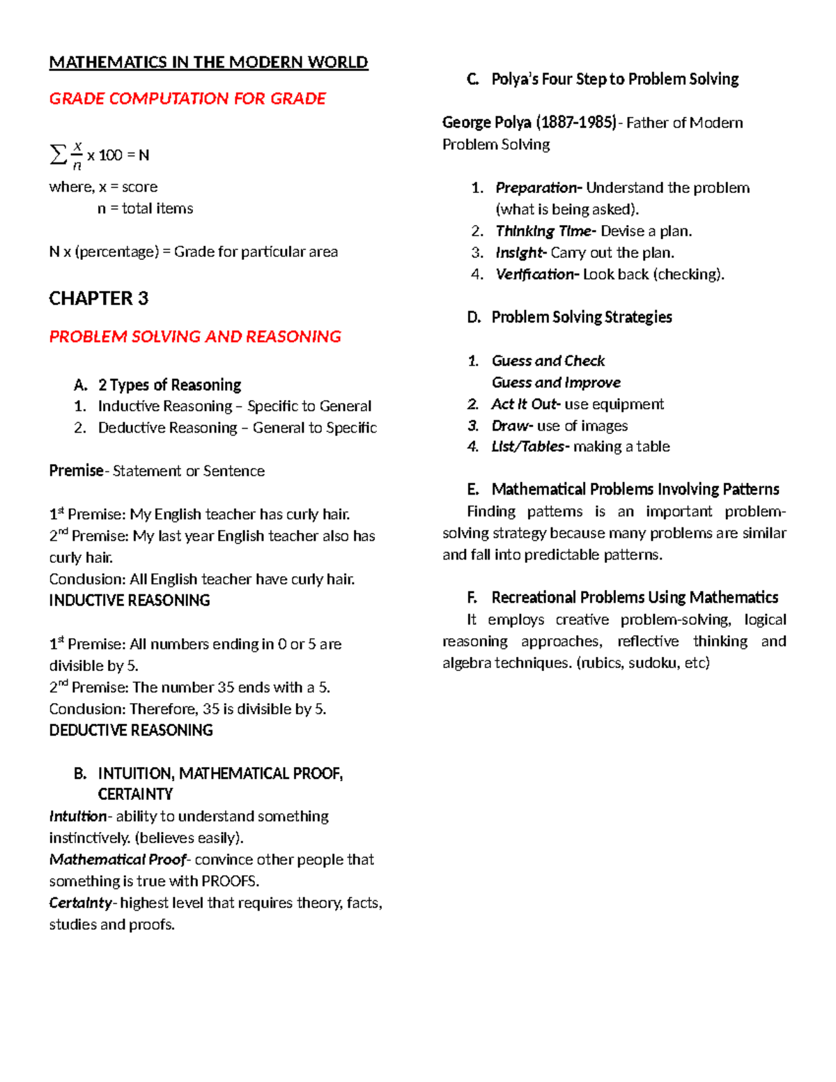 Reviewer (MMW) - MATHEMATICS IN THE MODERN WORLD GRADE COMPUTATION FOR ...