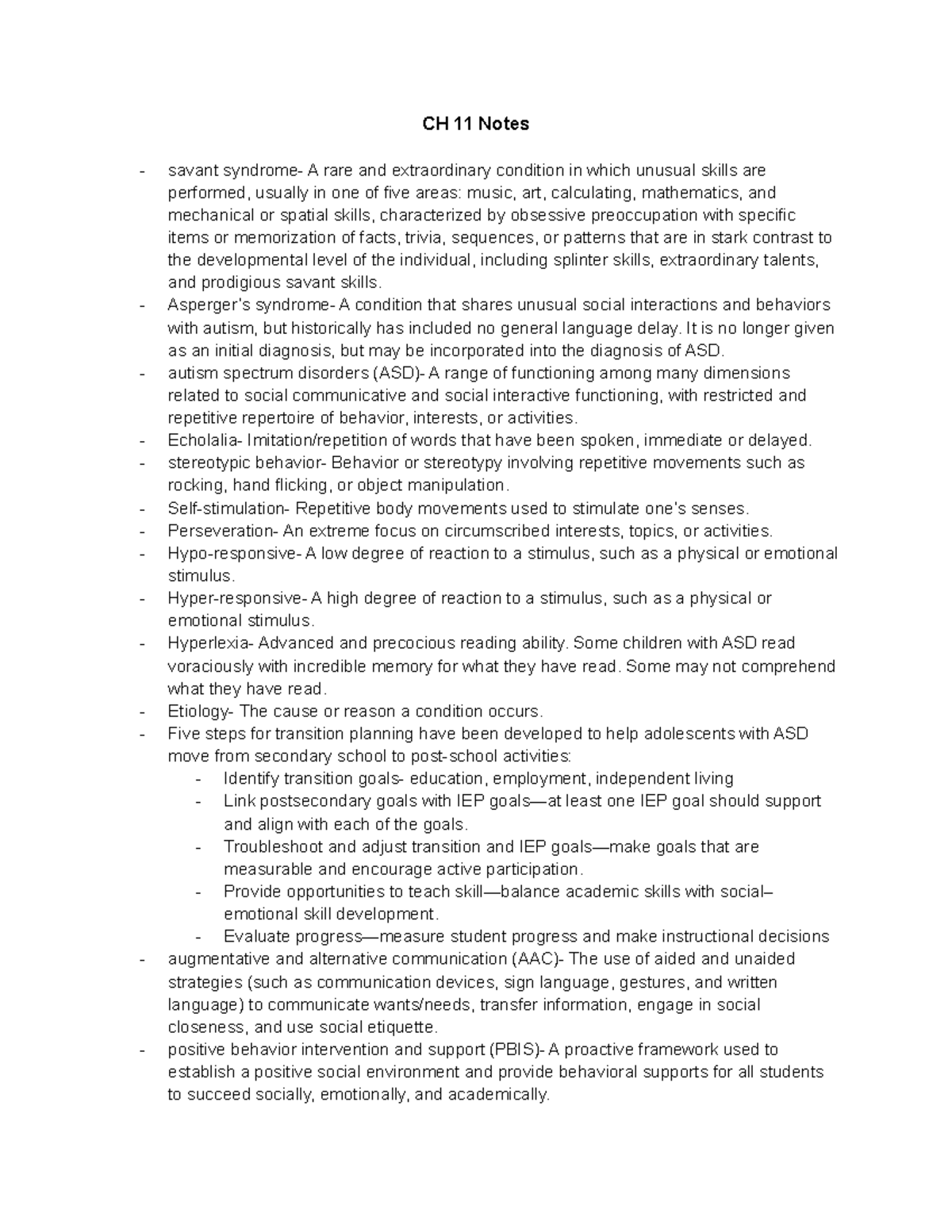 CH 11 Notes on Autism Spectrum Disorders and Related Concepts - Studocu