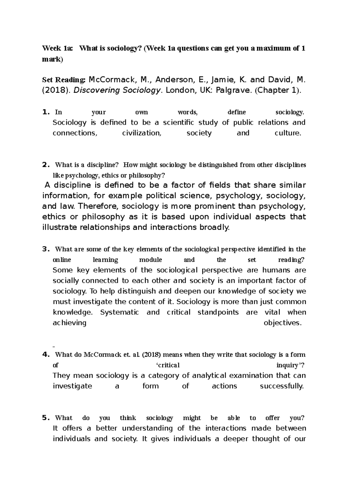 Workbook 1 - Week 1a: What is sociology? (Week 1a questions can get you ...