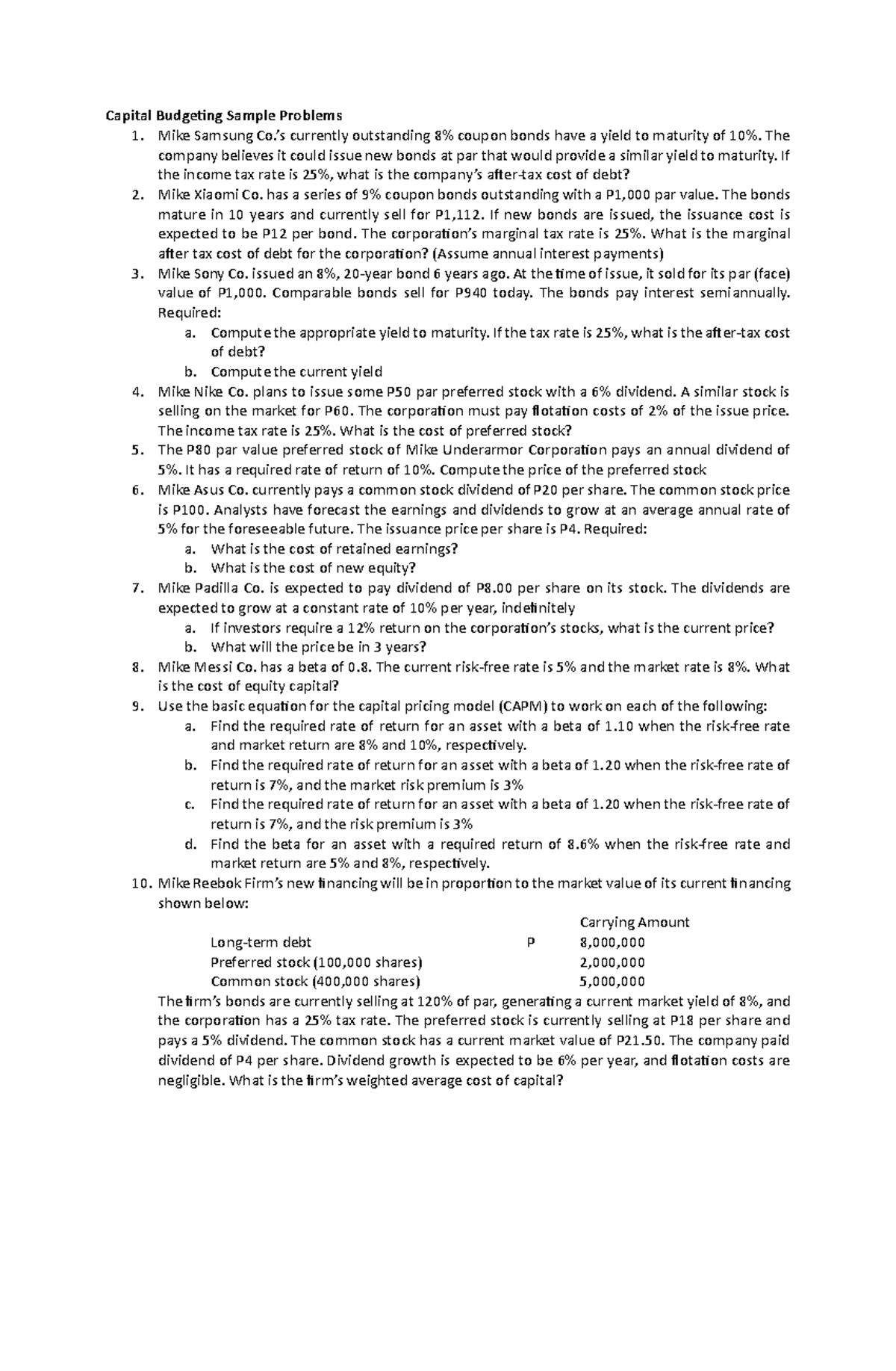 Capital Budgeting Sample Problems part 1 - Mike Samsung Co.’s currently ...