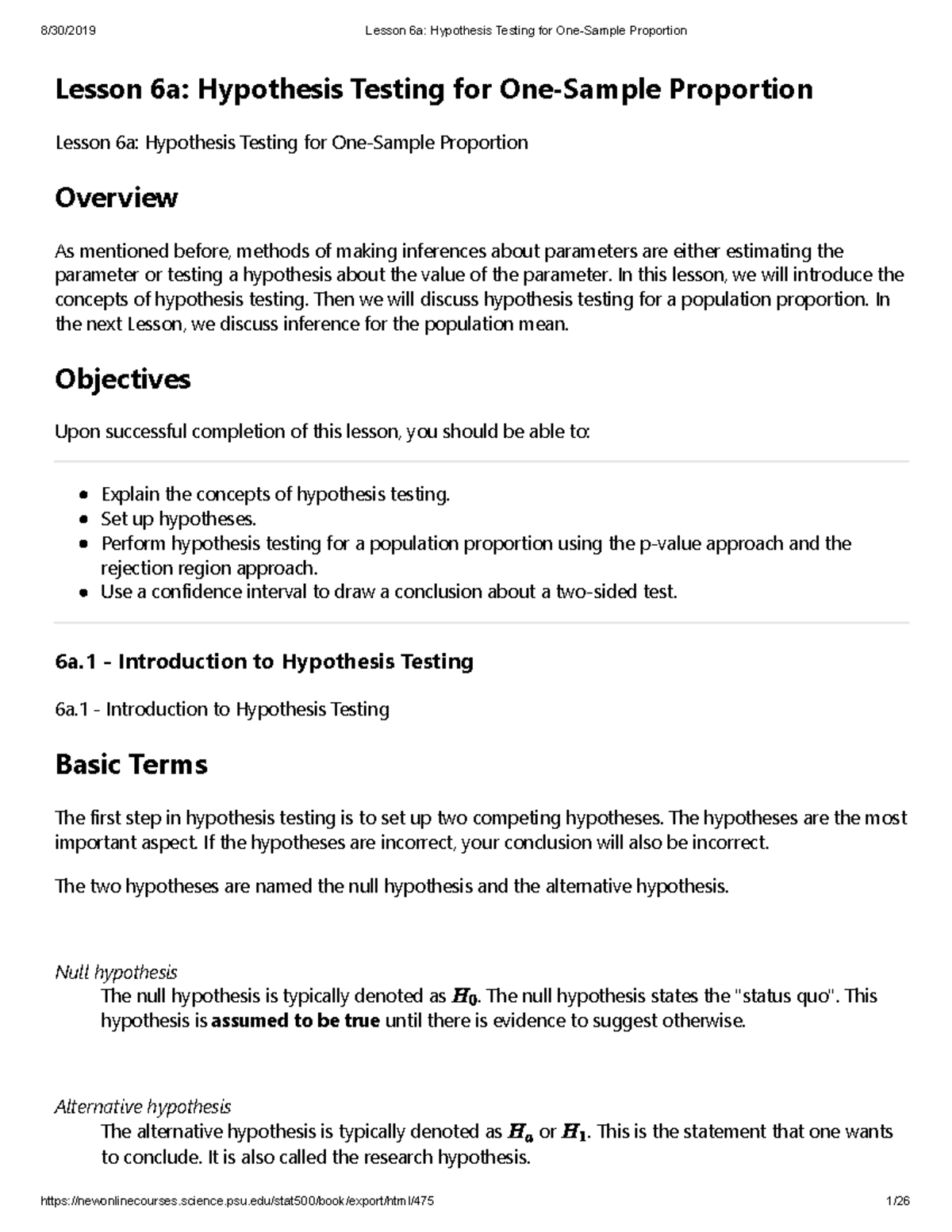 Lesson 6a Hypothesis Testing for One Sample Proportion - Lesson 6a ...