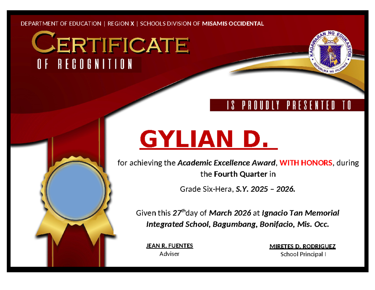 Certificate of Recognition for Academic Excellence Award - S.Y. 2025 ...