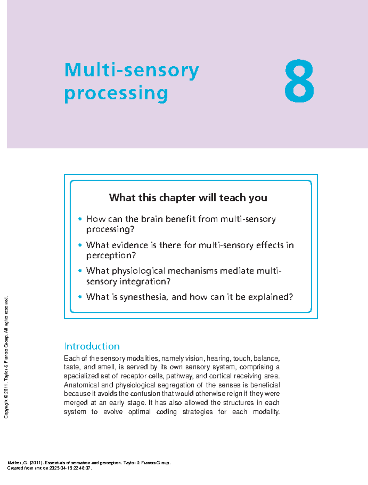 Chapter 8: Multi-Sensory Processing in Sensation and Perception - Studocu