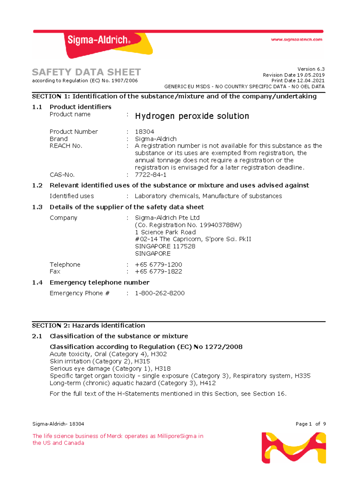 SDS for Hydrogen Peroxide Solution (H2O2) - Version 6.3 - Studocu