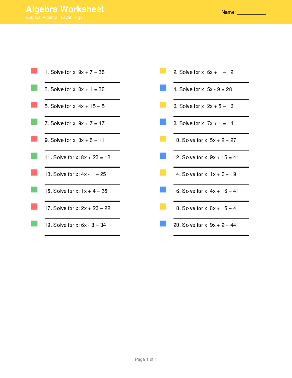 Algebra Worksheet (High Level) - Problem Set & Answer Key - Studocu