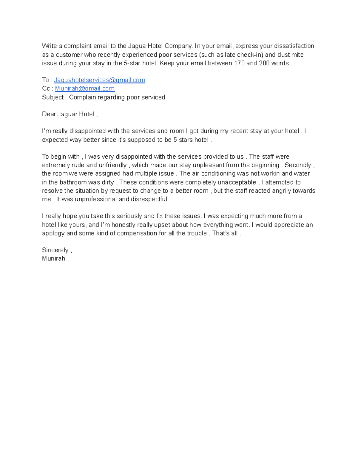 LCC 2 - Write a complaint email to the Jagua Hotel Company. In your ...