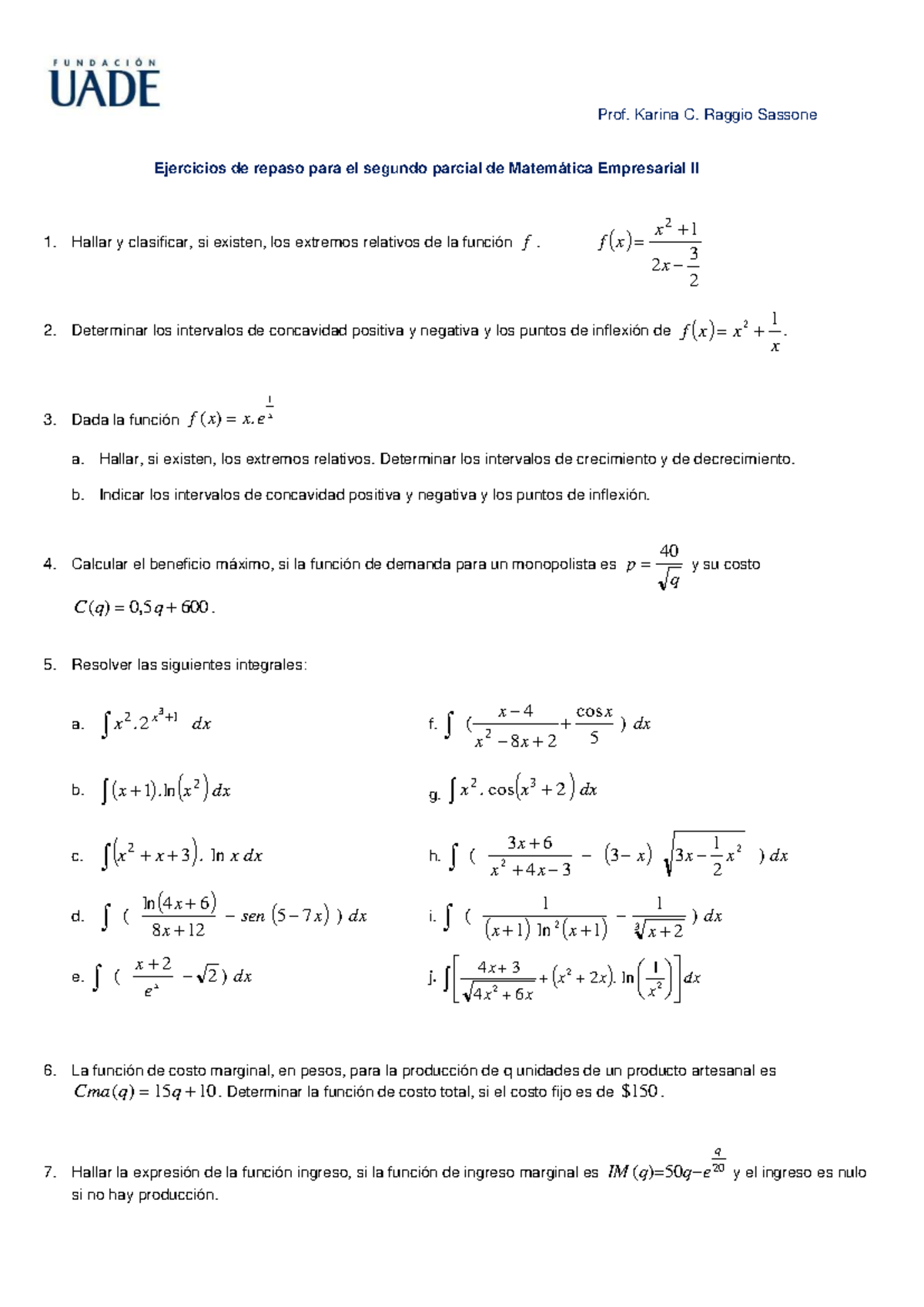 Ejercicios de Repaso para el Segundo Parcial de Matemática Empresarial ...