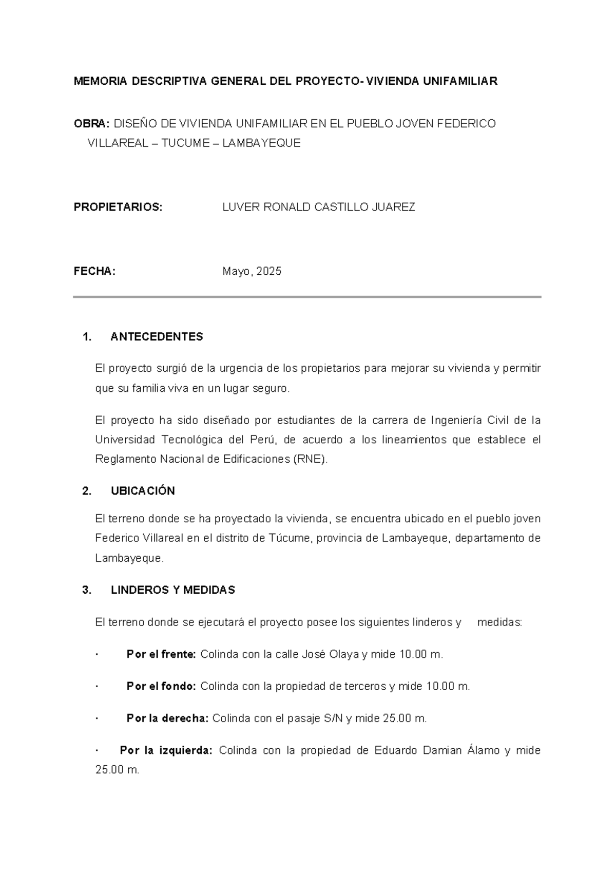 Memoria Descriptiva del Proyecto de Vivienda Unifamiliar - UTP - Studocu