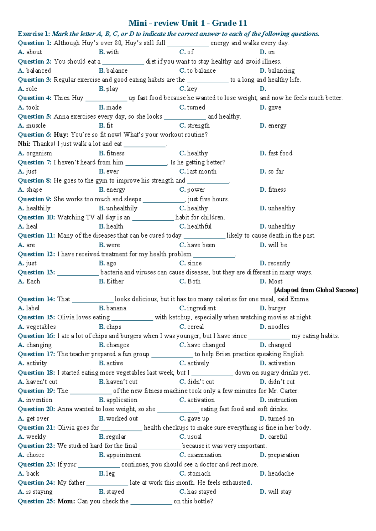 Mini Review Unit 1 - Grade 11: Health and Fitness Quiz Questions - Studocu
