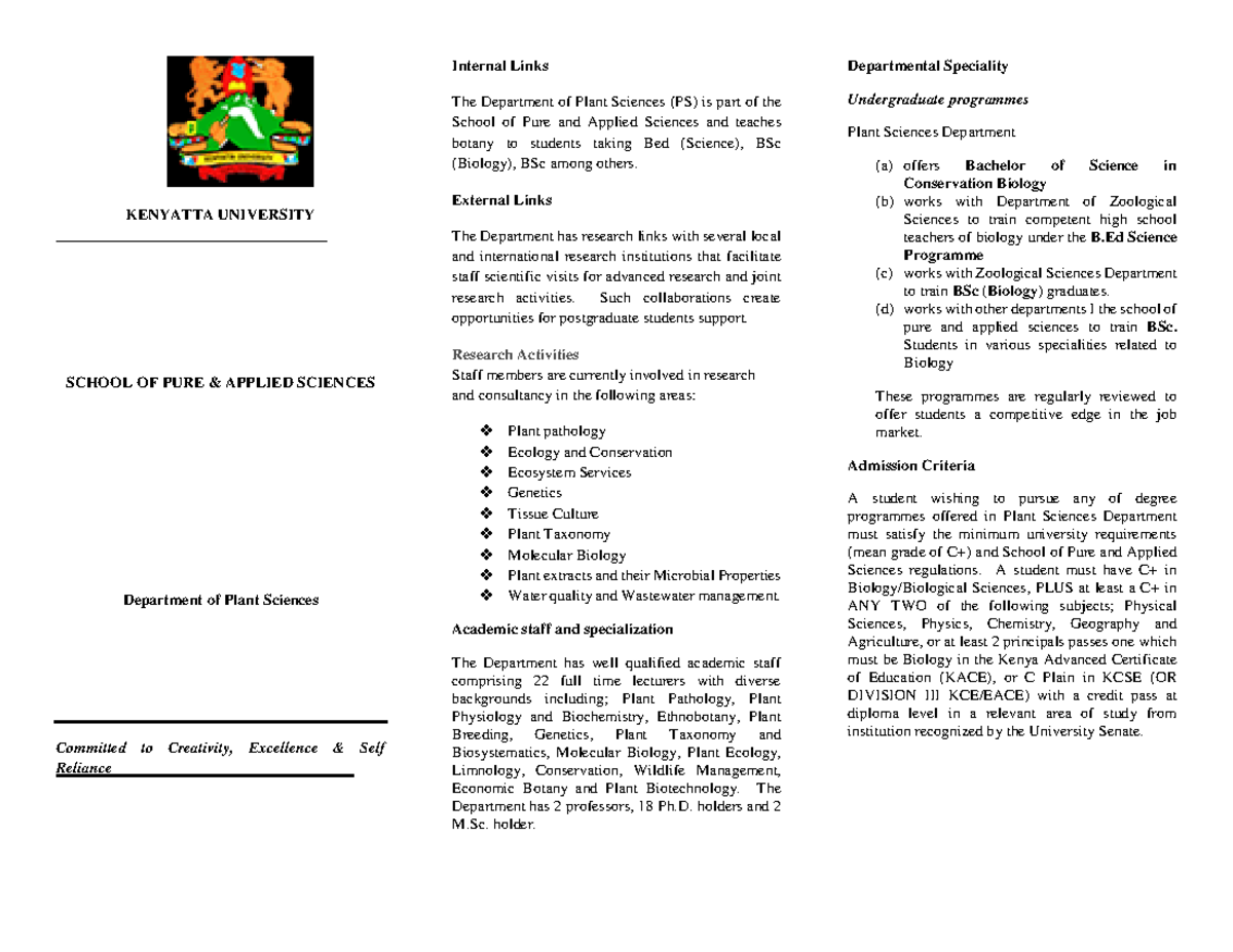 Plant Sciences Department Brochure - Kenyatta University April 2022 ...