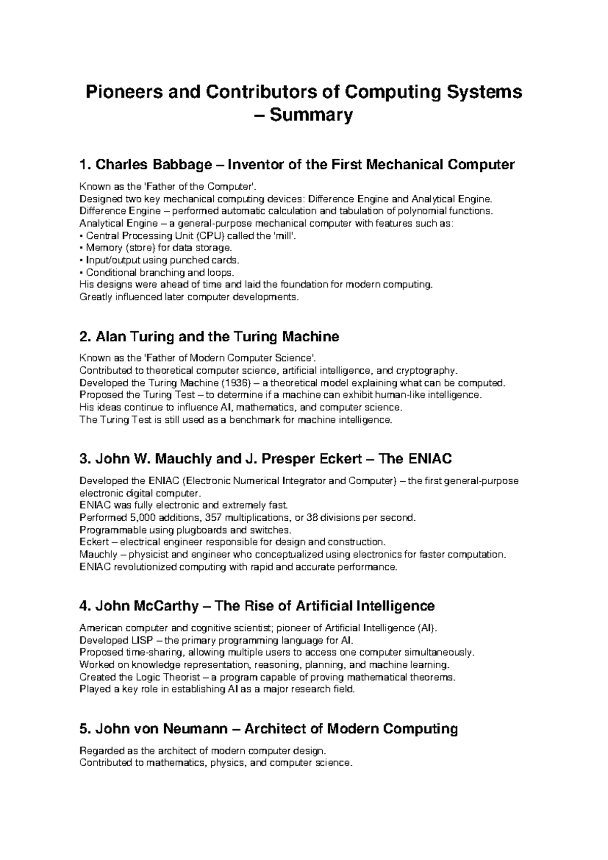 Pioneers of Computing Systems: Key Contributors & Innovations - Studocu