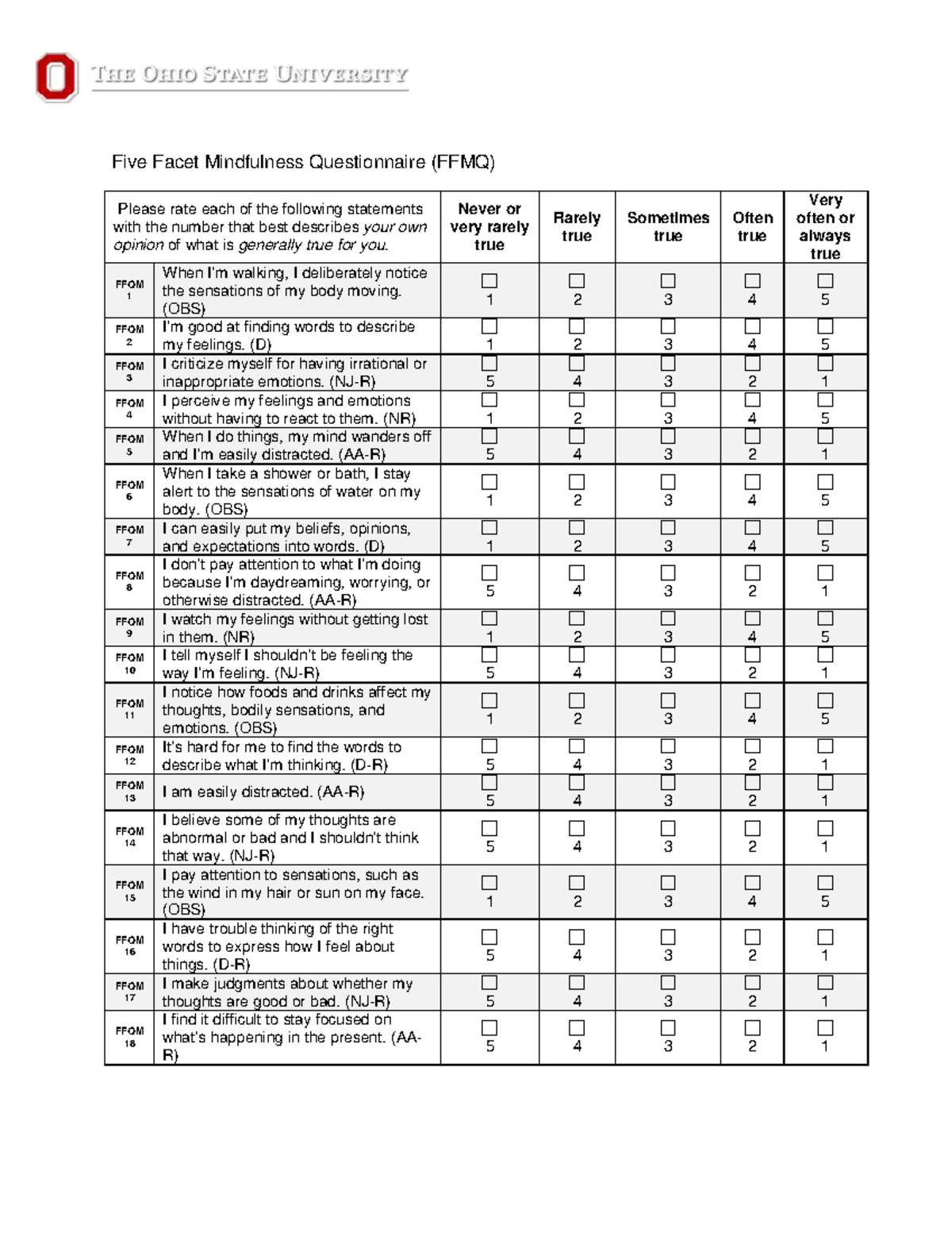 Five Facet Mindfulness Questionnaire (FFMQ) - Assessment Tool - Studocu