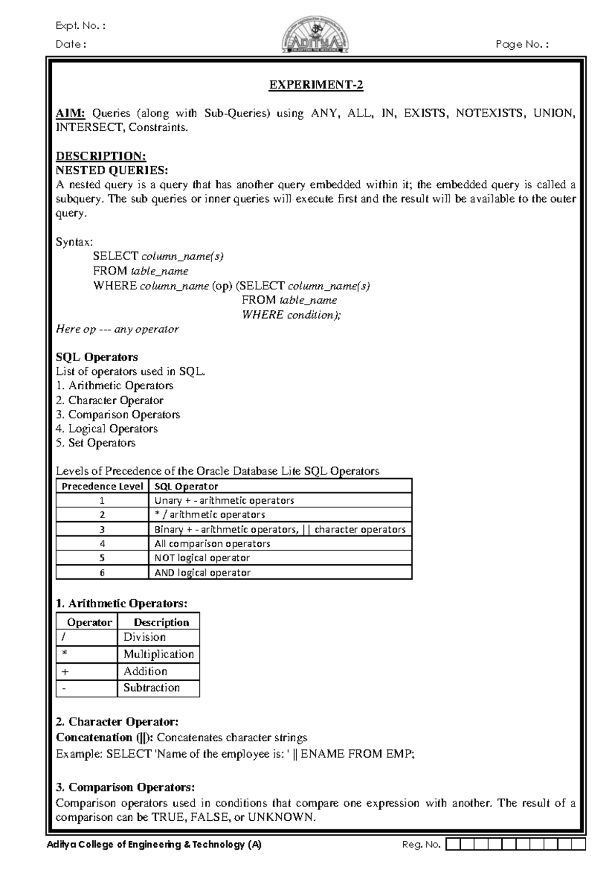 DBMS Lab Exp-2: Nested Queries and SQL Operators - Studocu