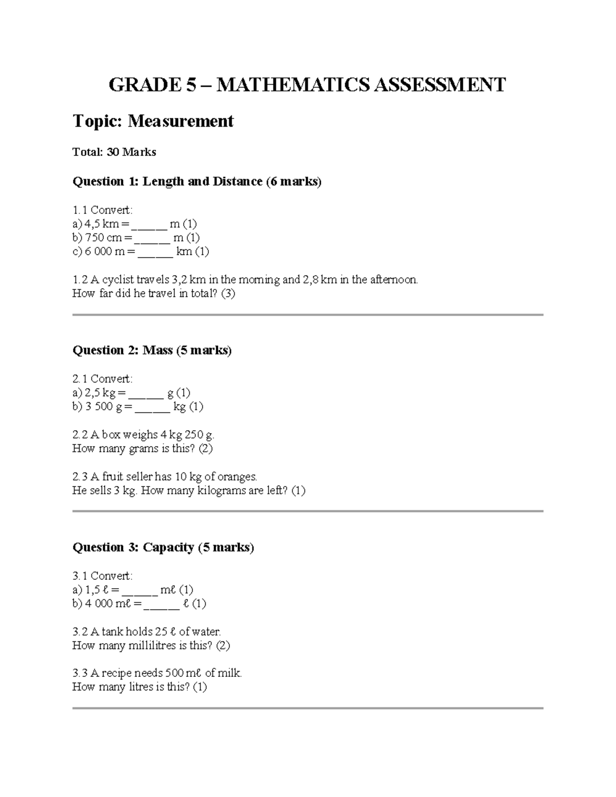 GRADE 5 MATHEMATICS ASSESSMENT: Measurement & Conversion Notes - Studocu