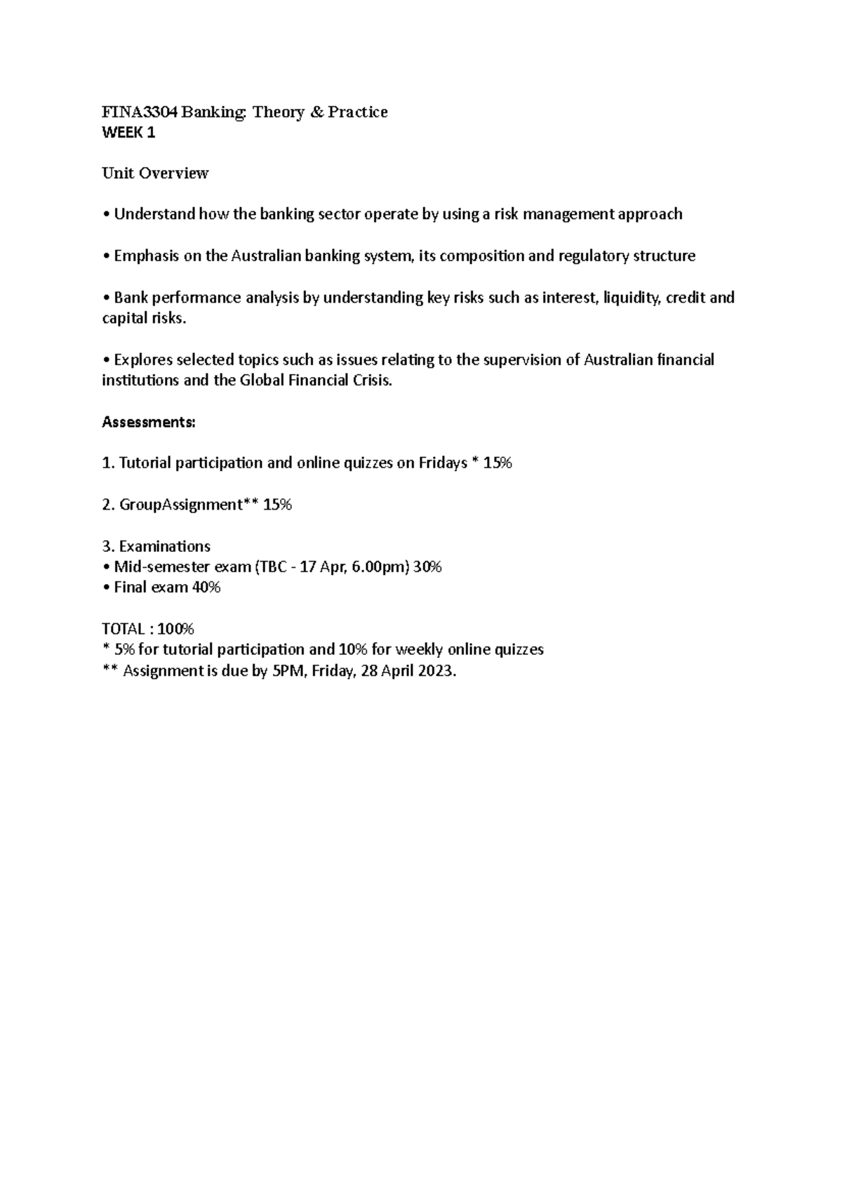 Unit Overview & Key Concepts of FINA3304 Banking Theory - Studocu