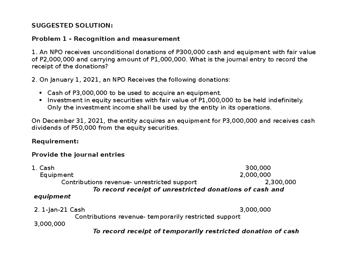 NPO Fund Accounting Solutions & Journal Entries (Final Exam) - Document Preview