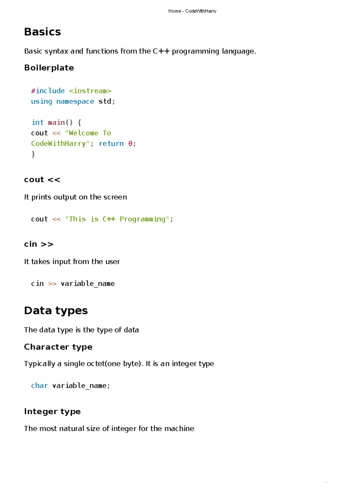 C Cheatsheet Code With Harry 2 - Basics Basic syntax and functions from ...