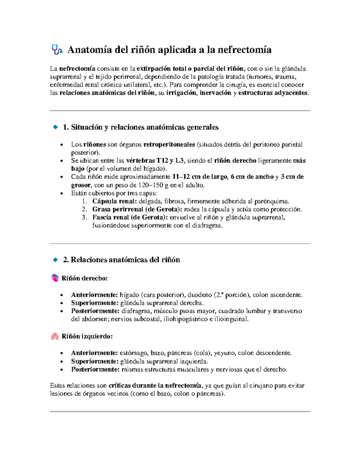 🩺 Anatomía del Riñón y Nefrectomía: Guía Completa - Studocu