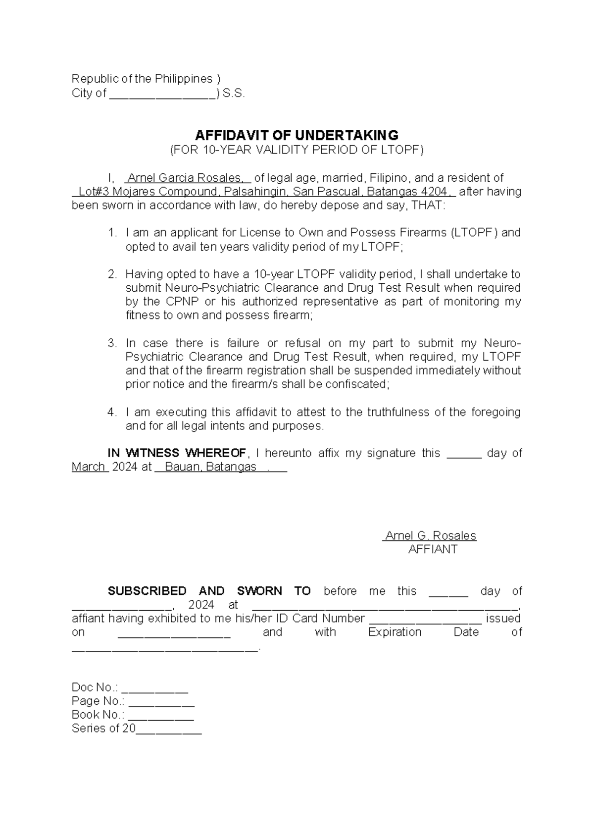 Affidavit of Undertaking for 10-Year LTOPF Validity Period - Studocu