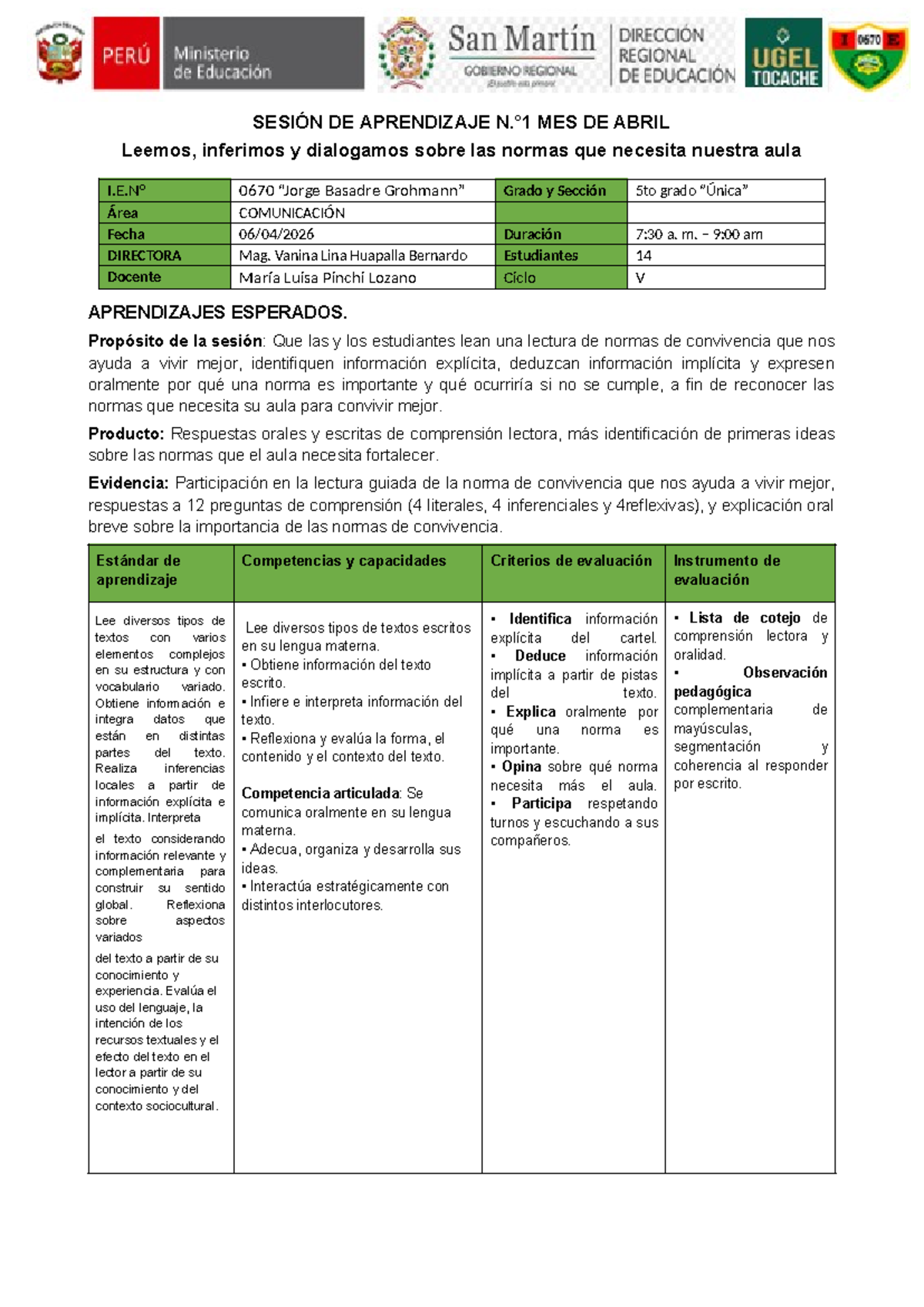 SESION DE APRENDIZAJE 0670: Normas de Convivencia en Aula 5to Grado ...
