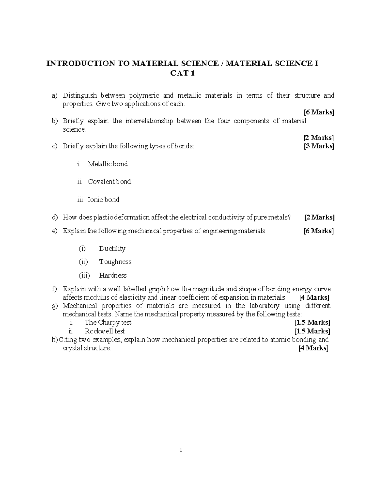 CAT 1 - Material Science: Structure, Properties, and Bonds Analysis ...