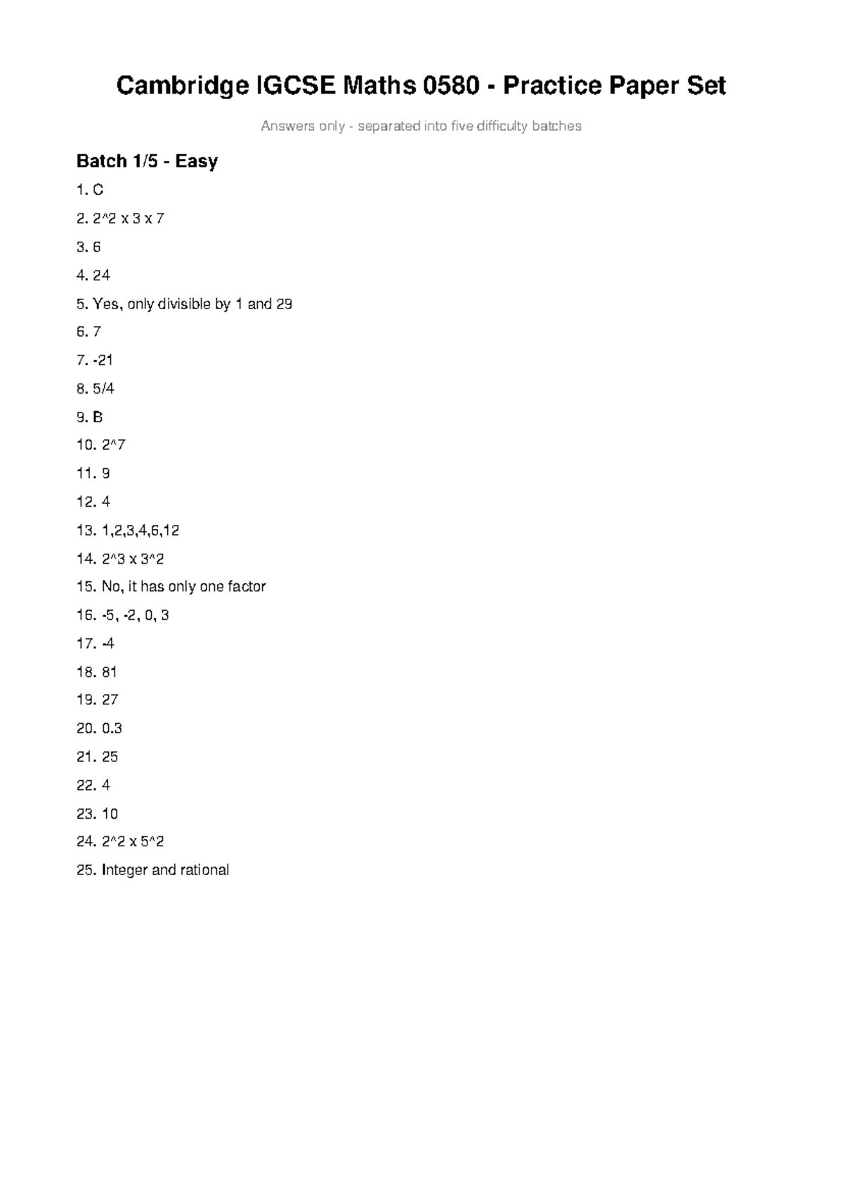 Cambridge IGCSE Maths 0580 Practice Paper Answers by Difficulty - Studocu