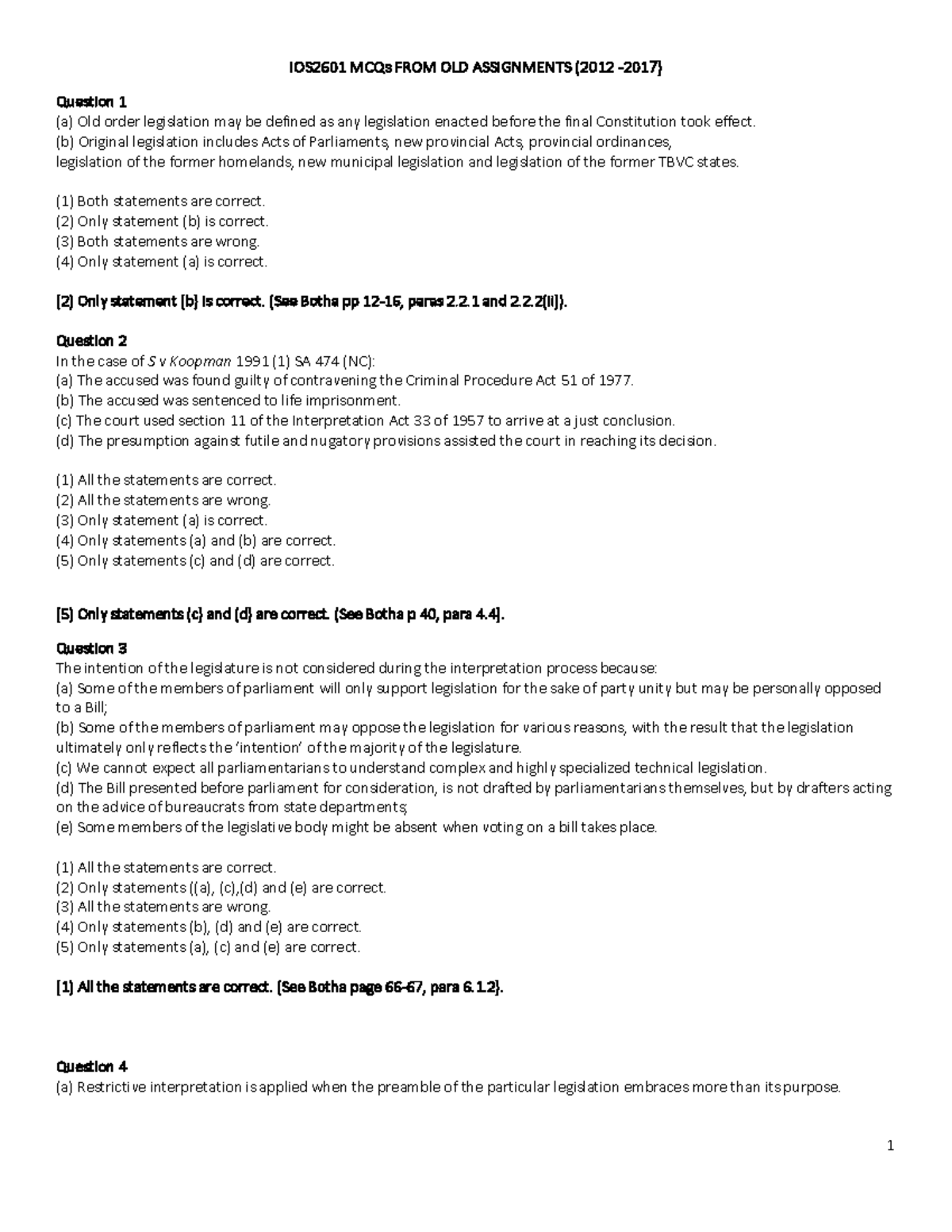 IOS 2601 Final Exam MCQs on Statutory Interpretation and Legislation ...