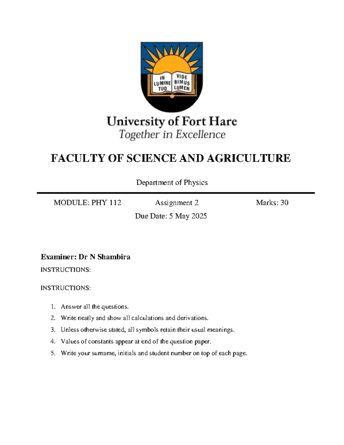 PHY 112 Assignment 2 Guidelines and Instructions - Due 5 May 2025 - Studocu