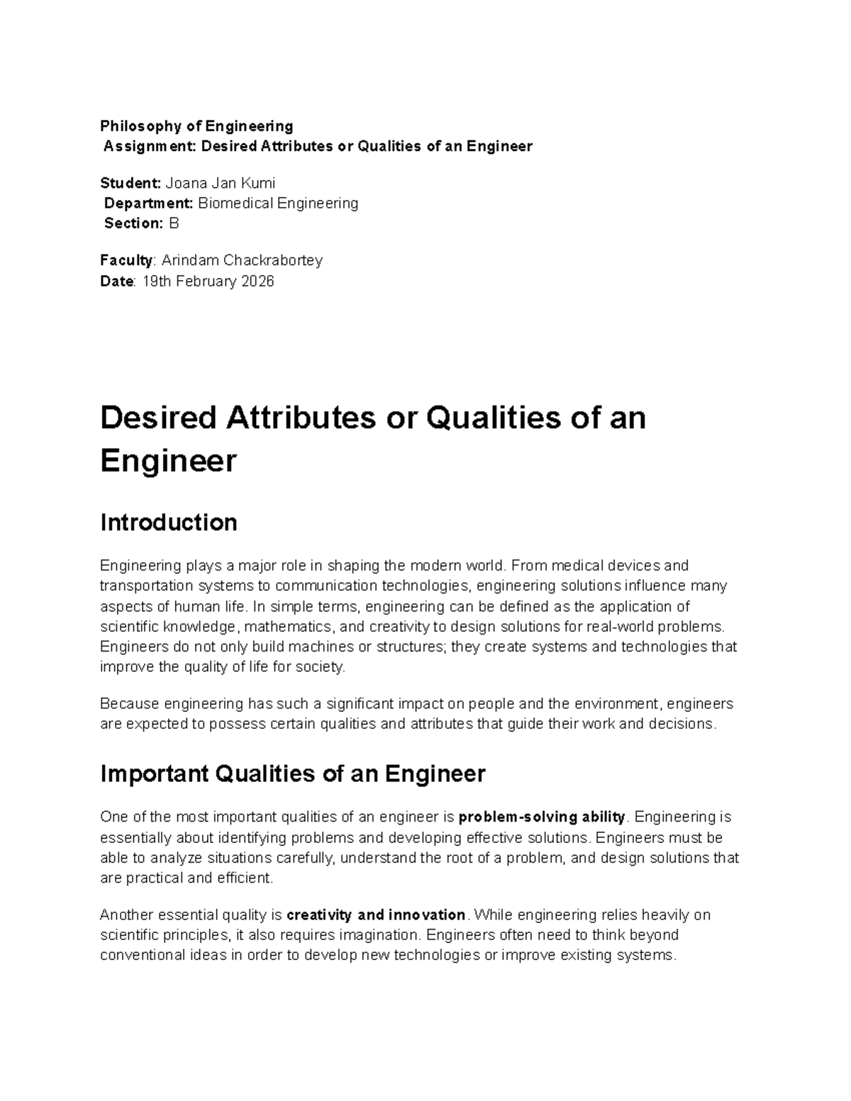 POE-Assignment 1: Essential Qualities of an Engineering Student - Studocu