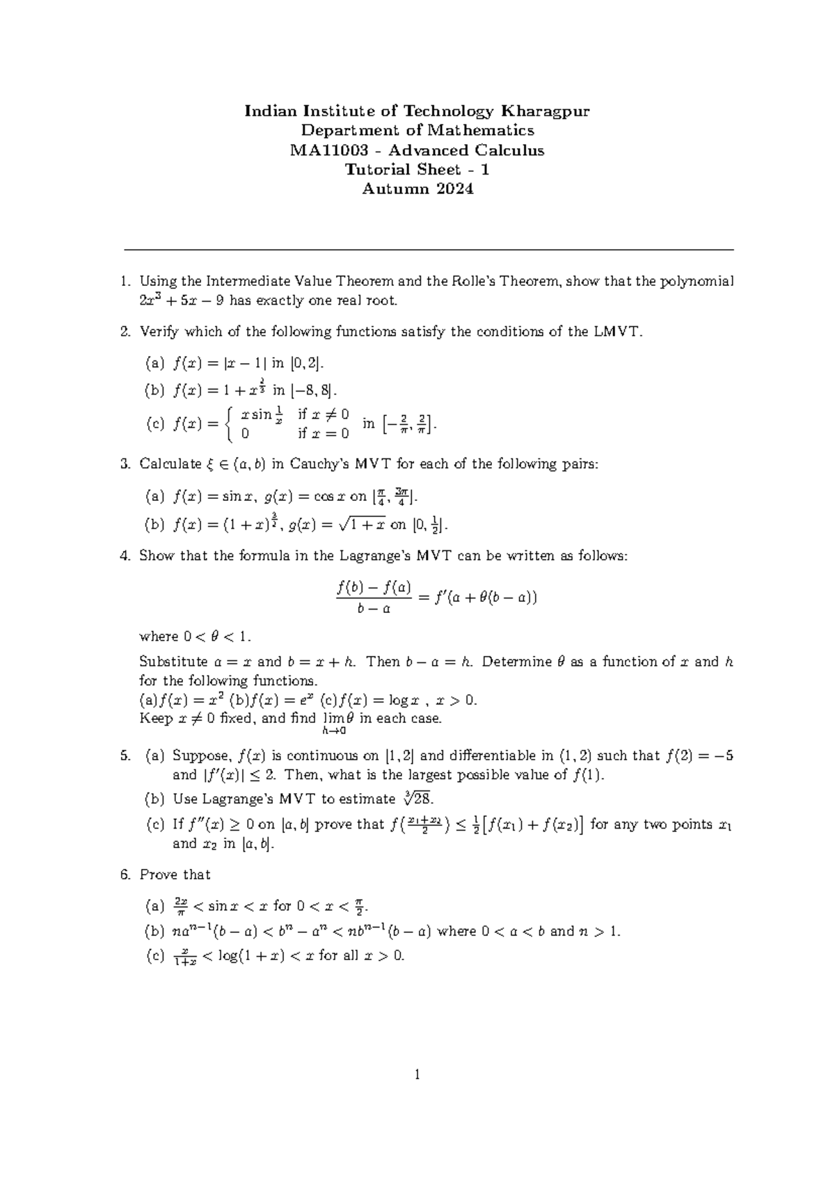 MA11003 Advanced Calculus Tutorial 1: MVT and Real Roots Analysis - Studocu