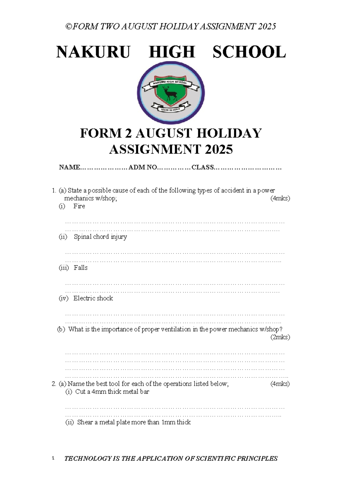 FORM 2 August Holiday Assignment 2025 - Power Mechanics - Studocu
