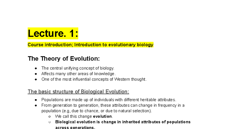 BIO120H1 Lecture 1: Introduction to Evolutionary Biology Concepts - Studocu