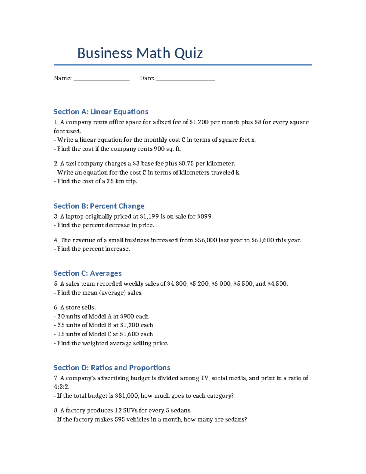 Business Math Quiz - Linear Equations, Percent Change &amp; Averages - Studocu