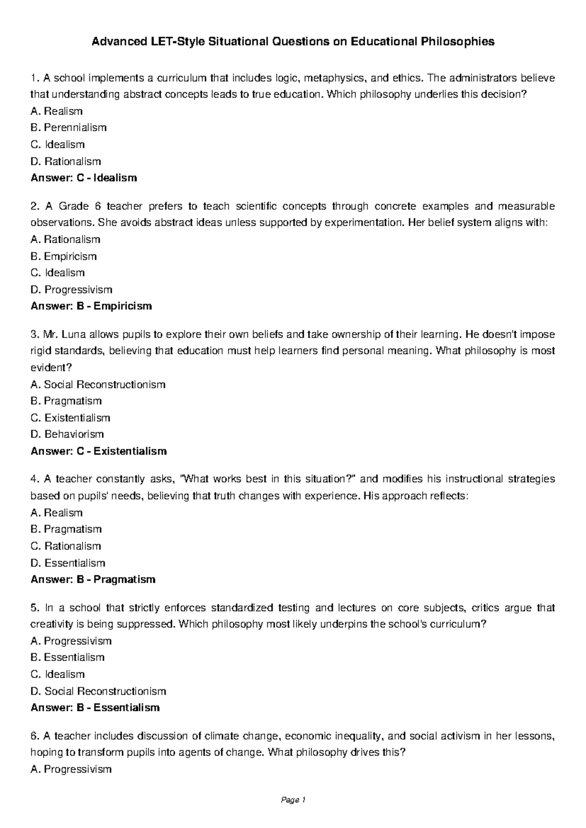LET Advanced Situational Questions on Educational Philosophies - Studocu