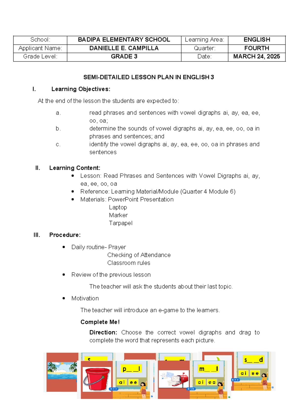 DEMO-SDLP: Lesson Plan for Grade 3 English on Vowel Digraphs - Studocu