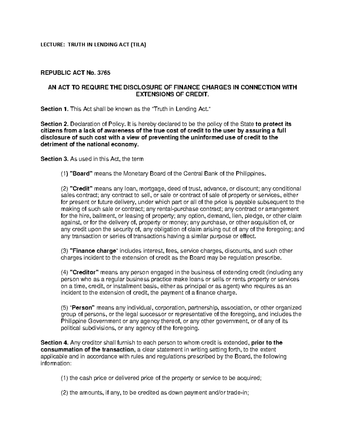 Lecture Notes on TILA: Understanding the Truth in Lending Act RA 3765 ...