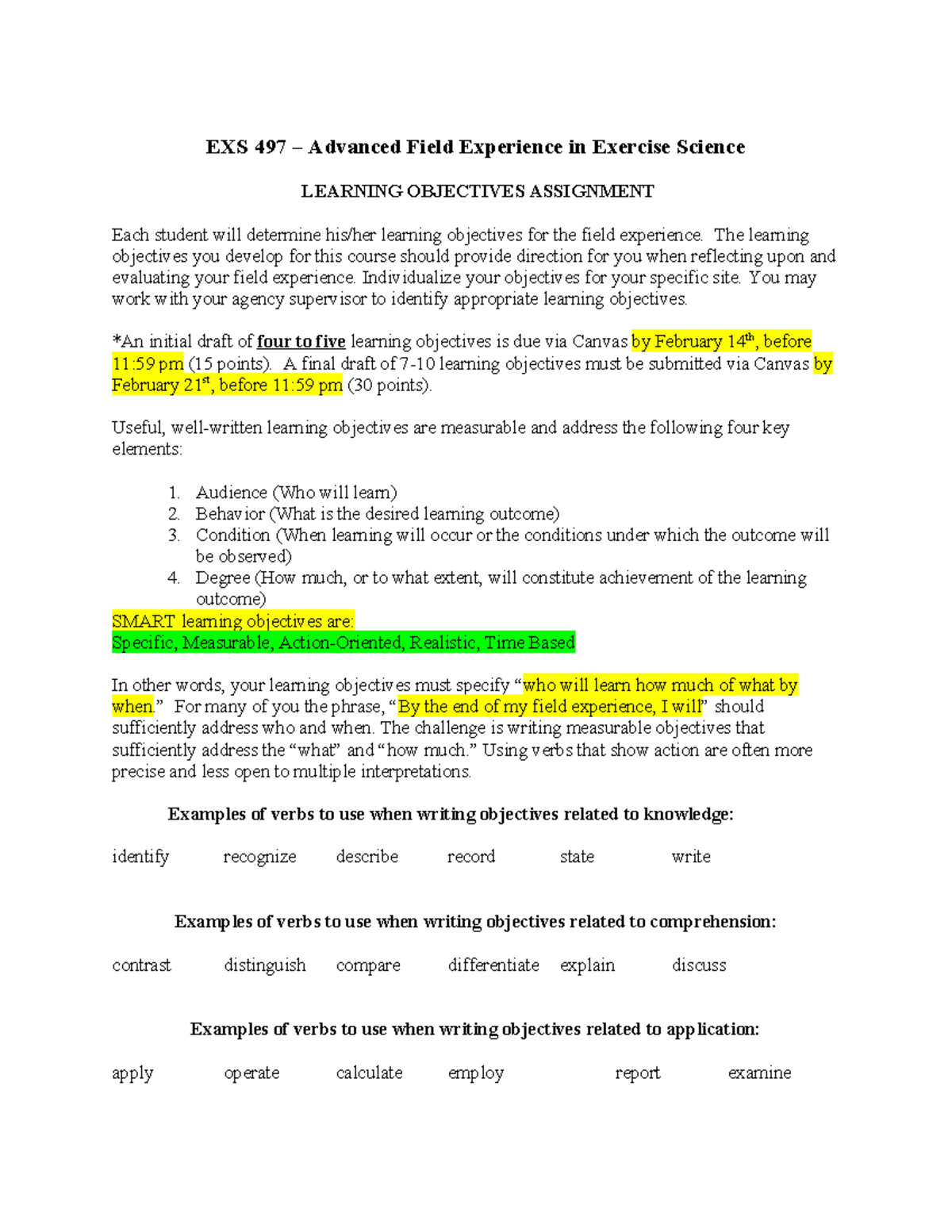 EXS 497 Learning Objectives Assignment Guidelines for Field Experience ...