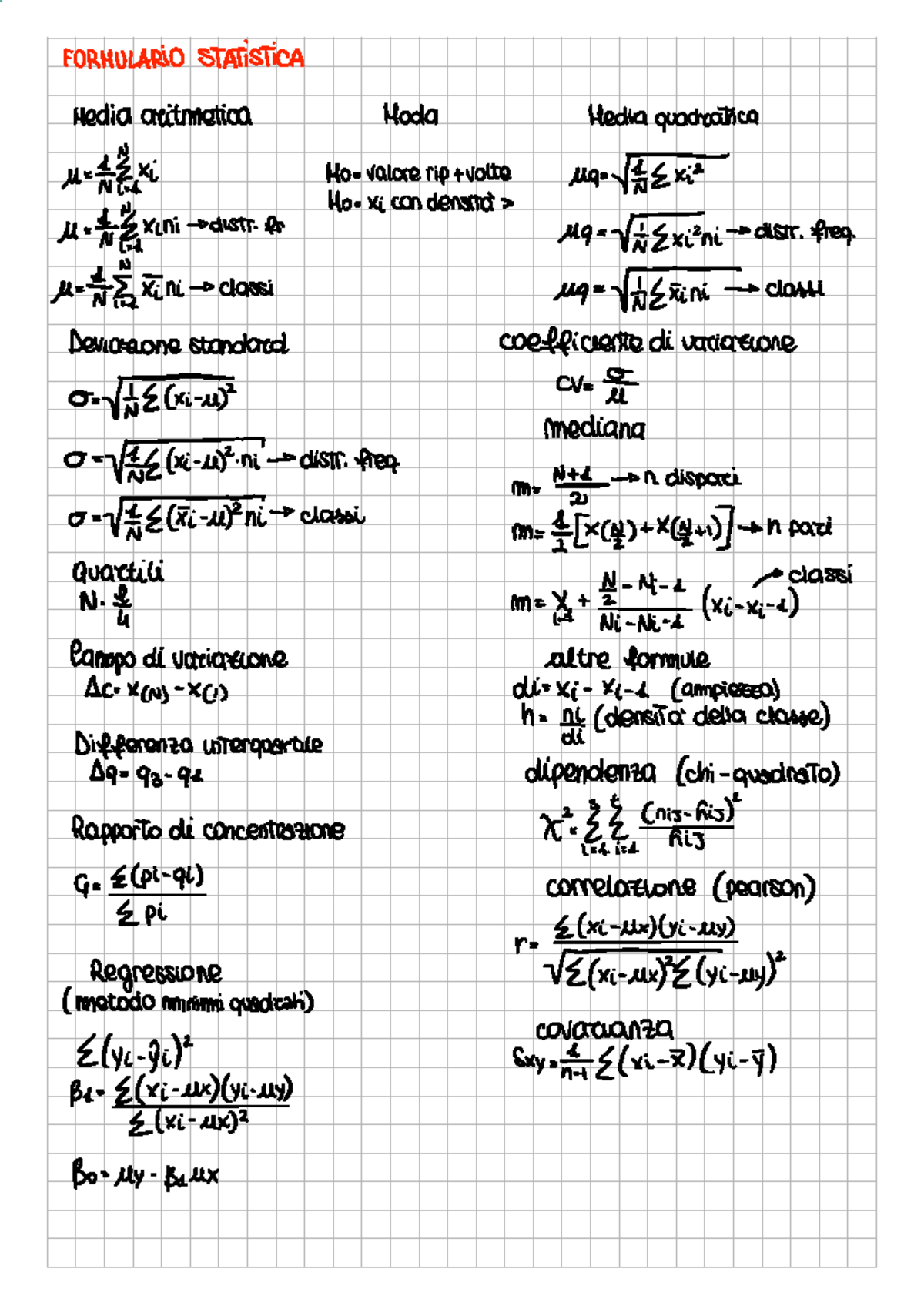 Formulario Statistica: Formule Base e Calcoli Essenziali - Studocu