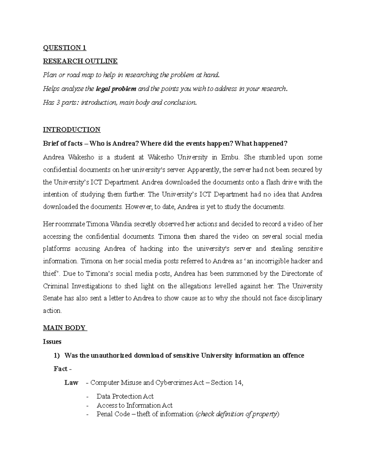 Project work assignment - QUESTION 1 RESEARCH OUTLINE Plan or road map ...