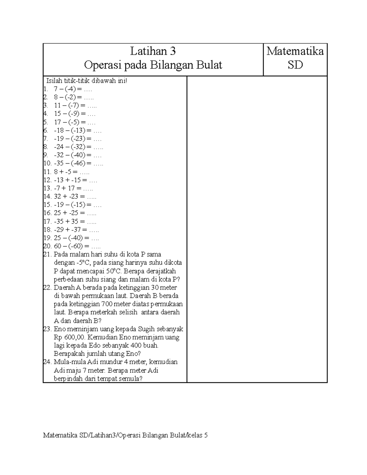 Latihan 3: Soal Operasi Bilangan Bulat untuk Matematika SD Kelas 5 ...