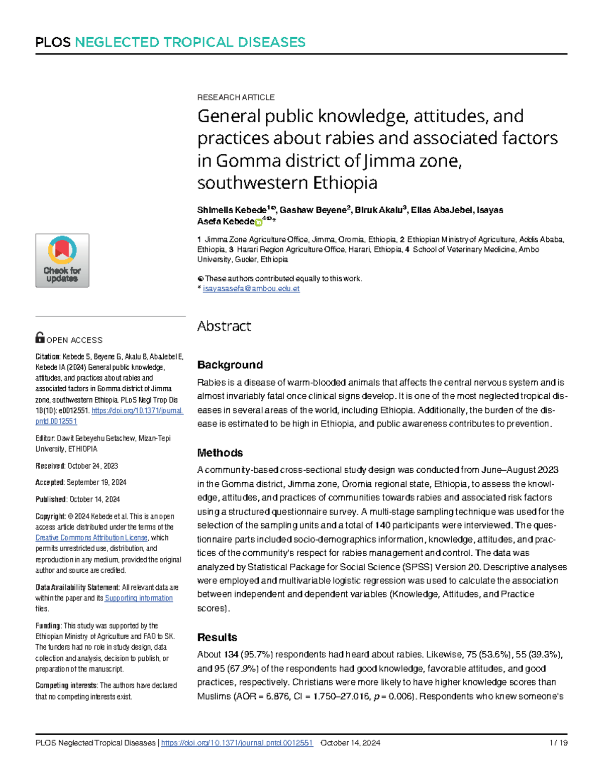 KAP Study on Rabies Awareness in Gomma District, Ethiopia (PNTD 2024 ...