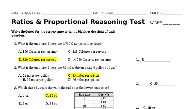 Ratios & Proportional Reasoning Test - Course 2 by Kimberly Padilla