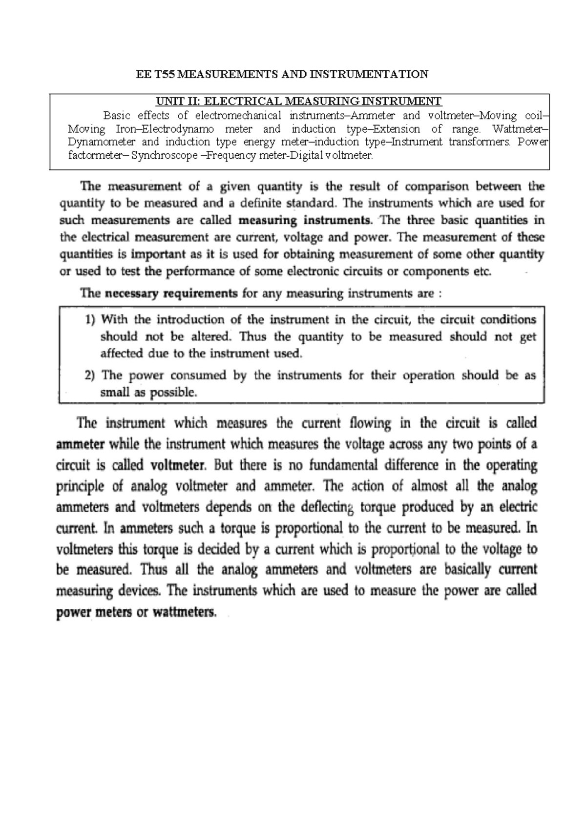 EE T55 Unit II: Electrical Measuring Instruments Summary Notes - Studocu