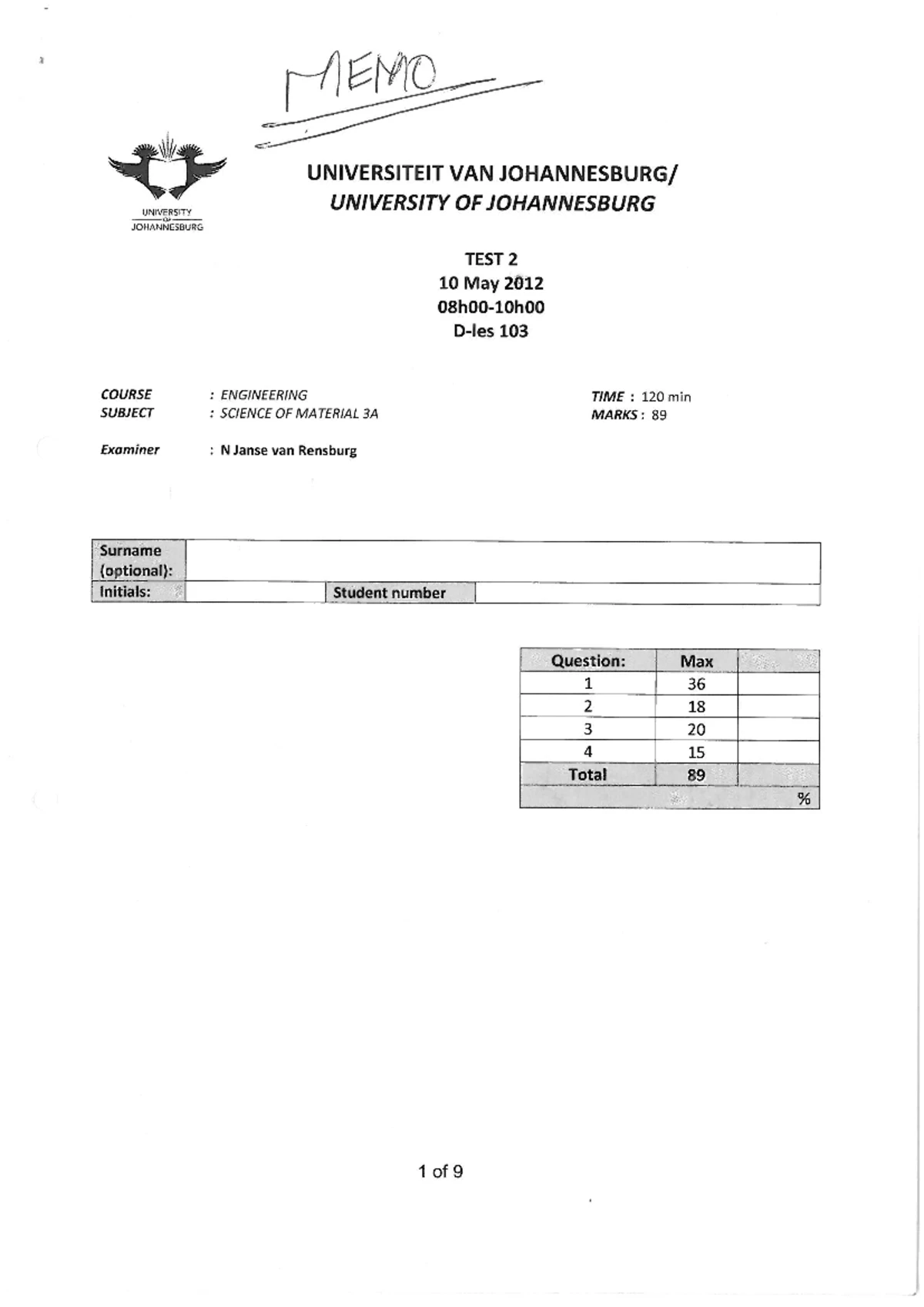 Final Exam: Science of Materials 3A (ENG TYD) - Past Paper 2020 - Studocu