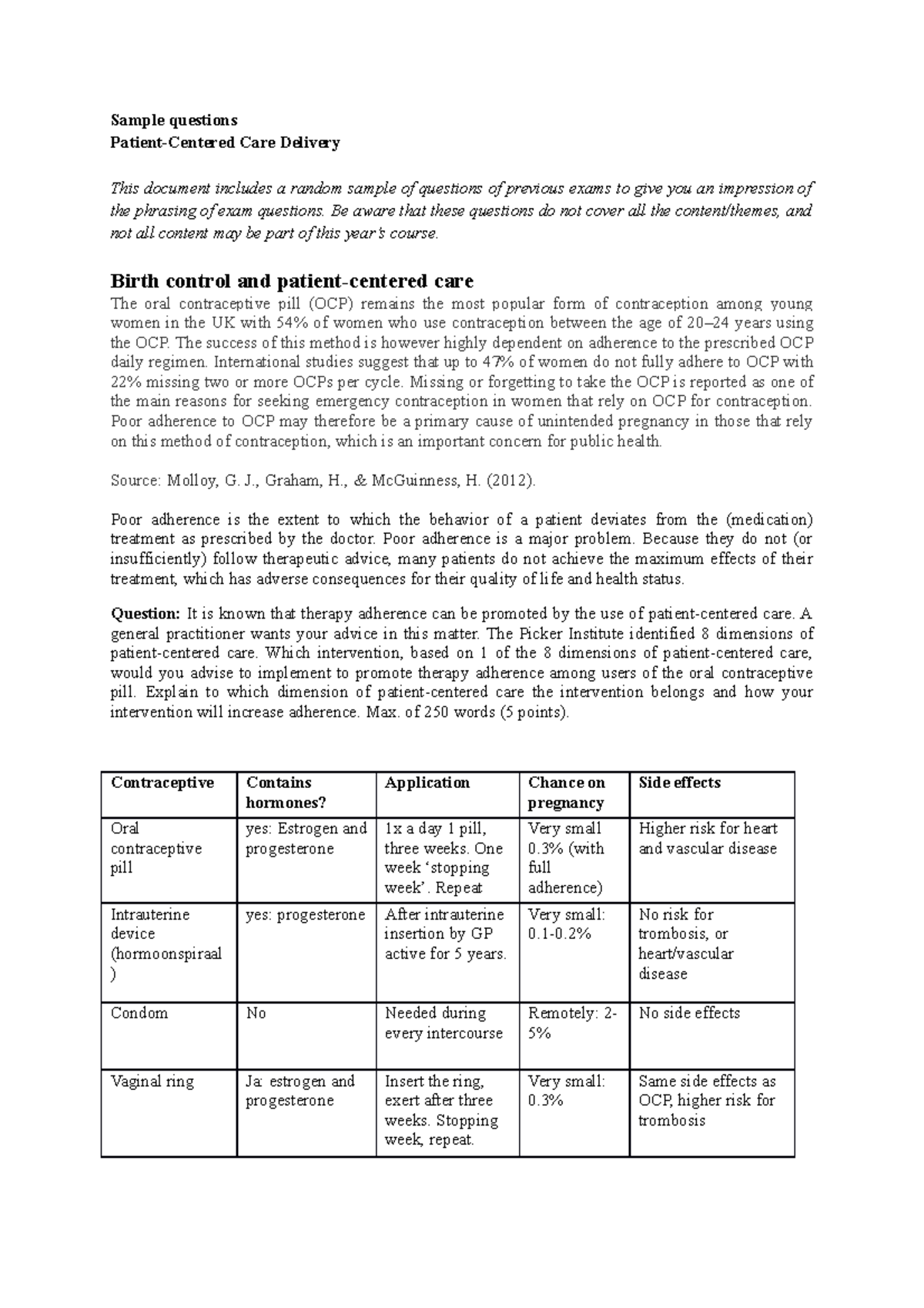 Example questions PCCD - Patient Centered Care Delivery - EUR - Studeersnel