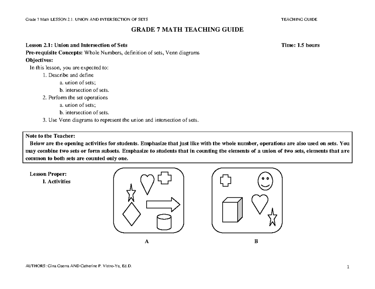 Grade 7 Math: Union & Intersection of Sets Lesson Guide - Studocu