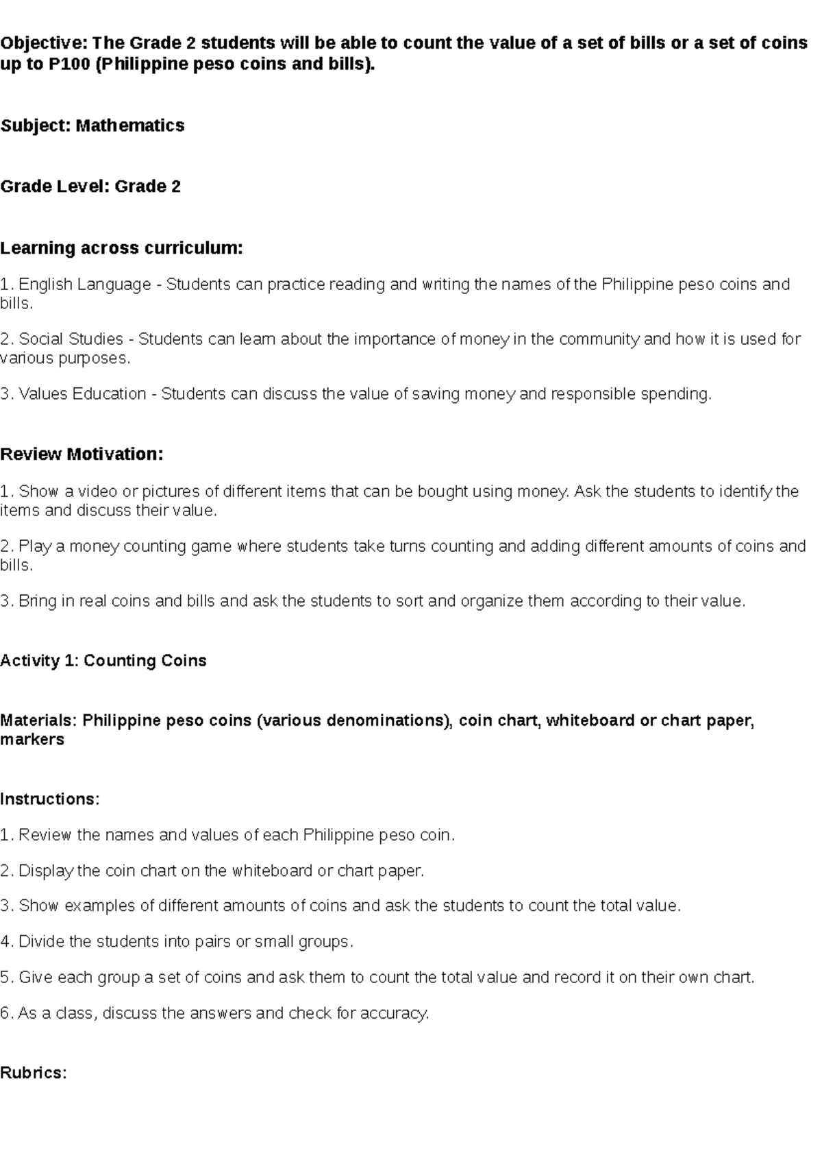 Grade 2 Math Lesson Plan: Counting Coins & Bills (Up to P100) - Studocu